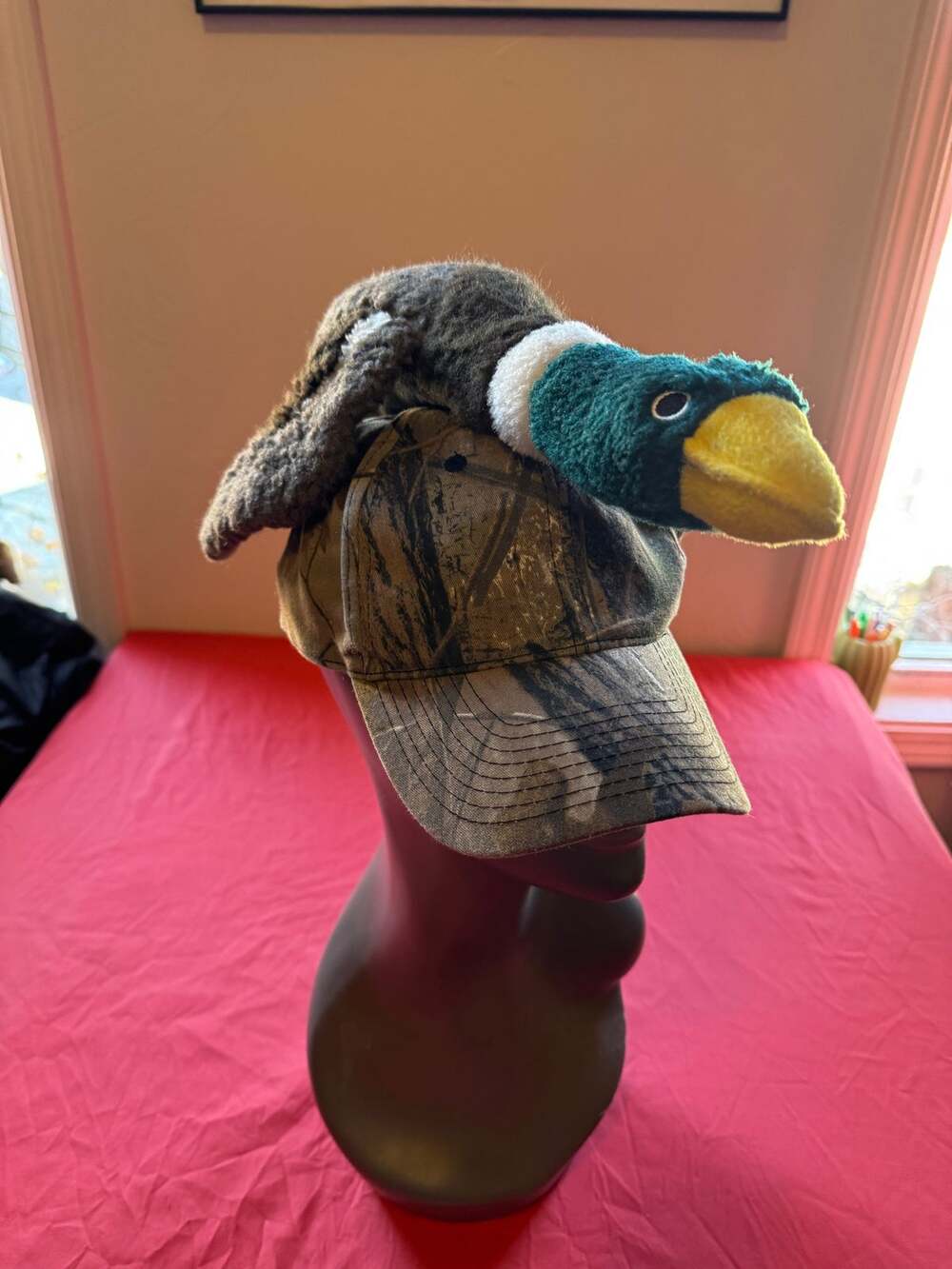 Vintage 80s 90s Plush Flying Mallard Duck Camo Novelty Hat SQUEAKS/QUACKS Works!